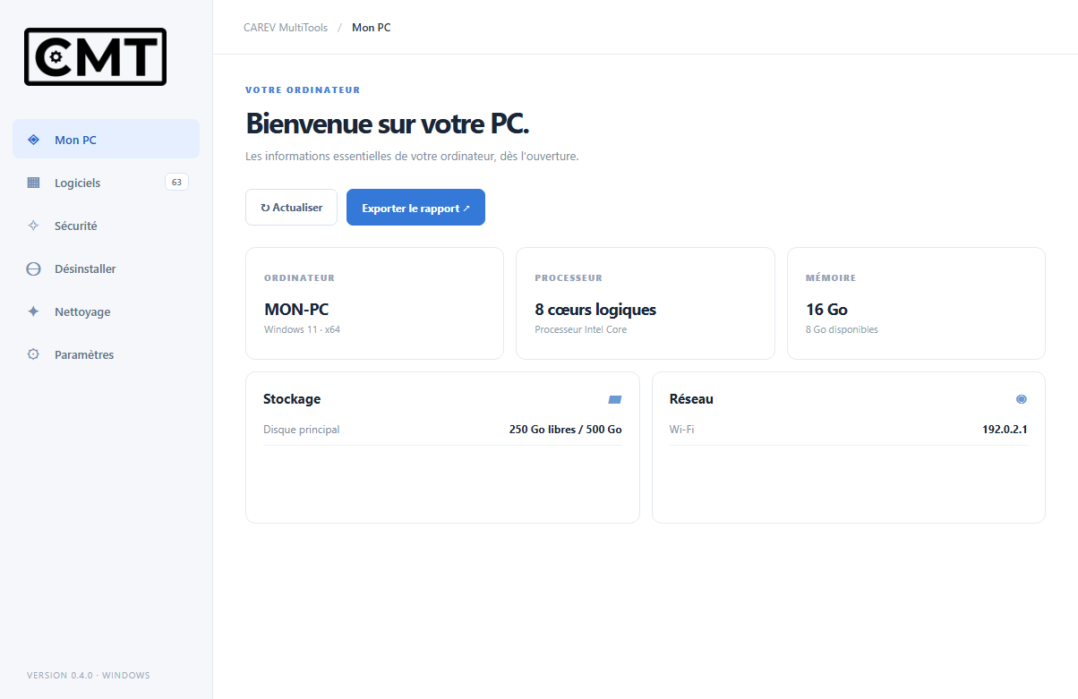 Interface CAREV MultiTools affichant le diagnostic du PC et le menu des outils Windows